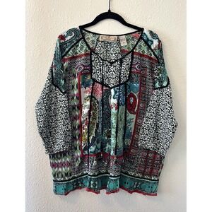 Life Style Women's Tunic Top Size 2XL Mixed Media Tasseled Boho Hippie Artsy
